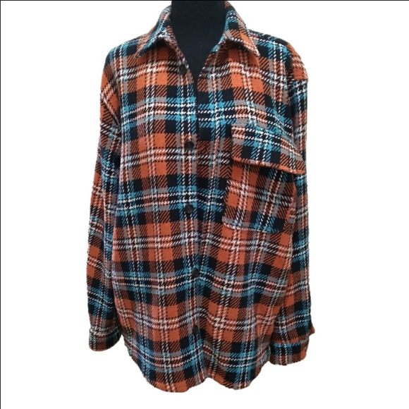 Zara Other - ZARA Men's Orange/Black Plaid Print Knit Long Sleeve Button Down Flannel-Size M